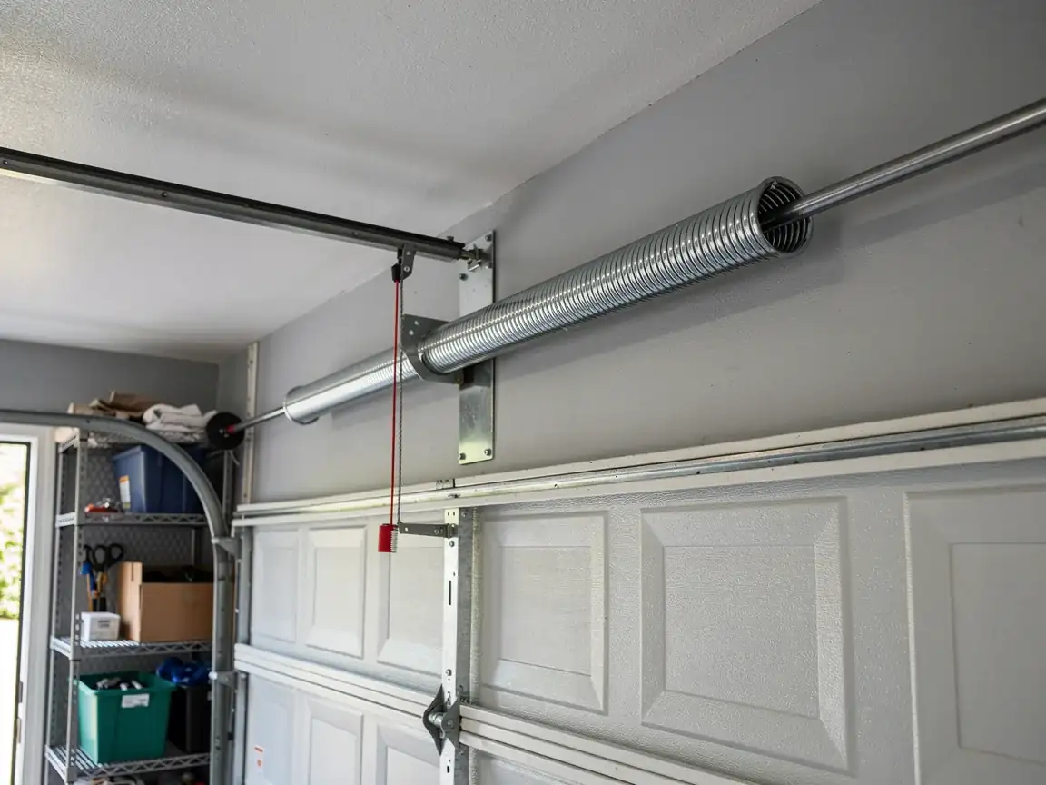 A new torsion spring is installed above a white garage door.