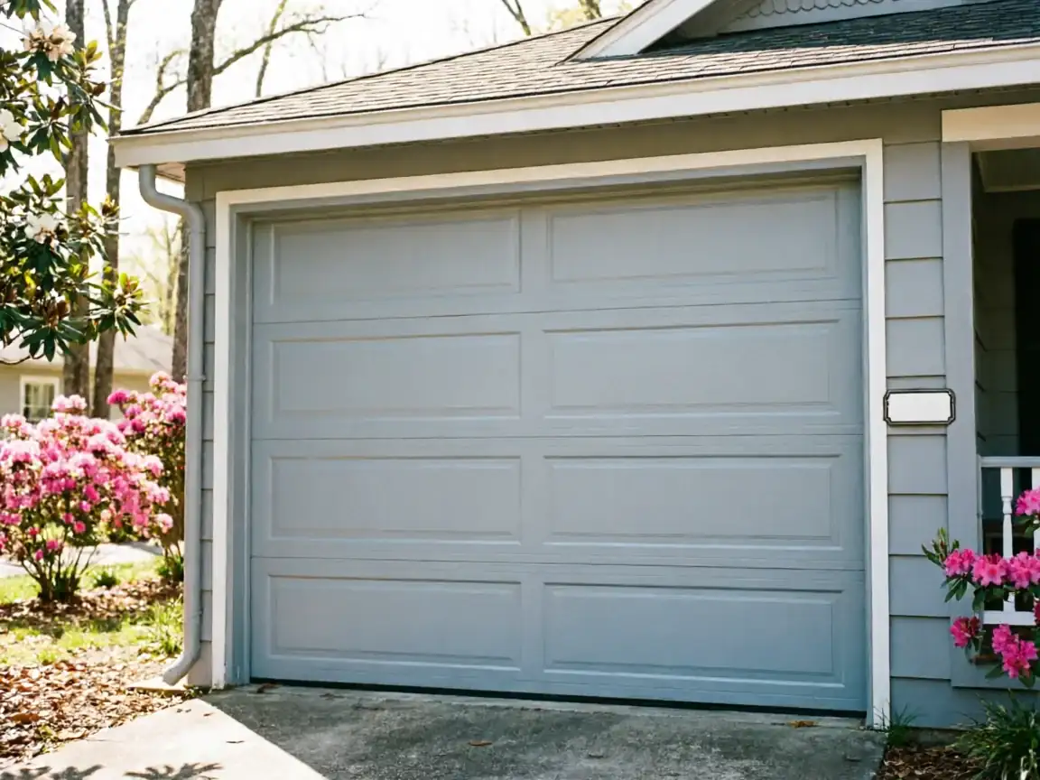 The house has a gray garage door with panels and pink flowering bushes.