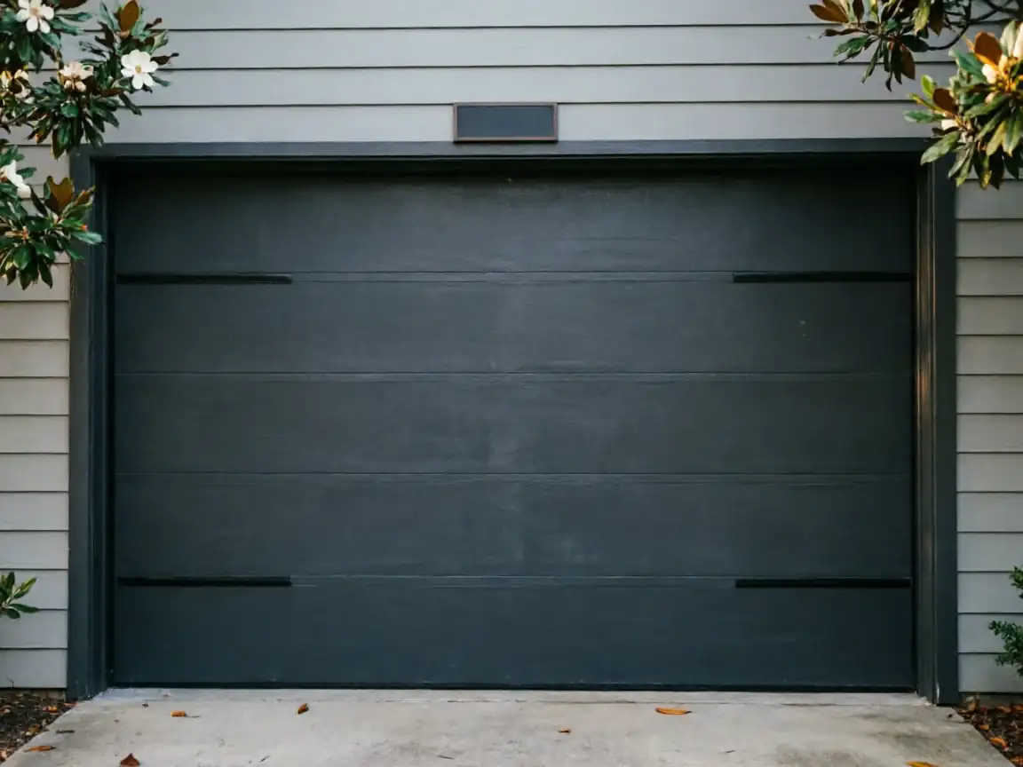 A dark gray garage door with horizontal panels and black accents.
